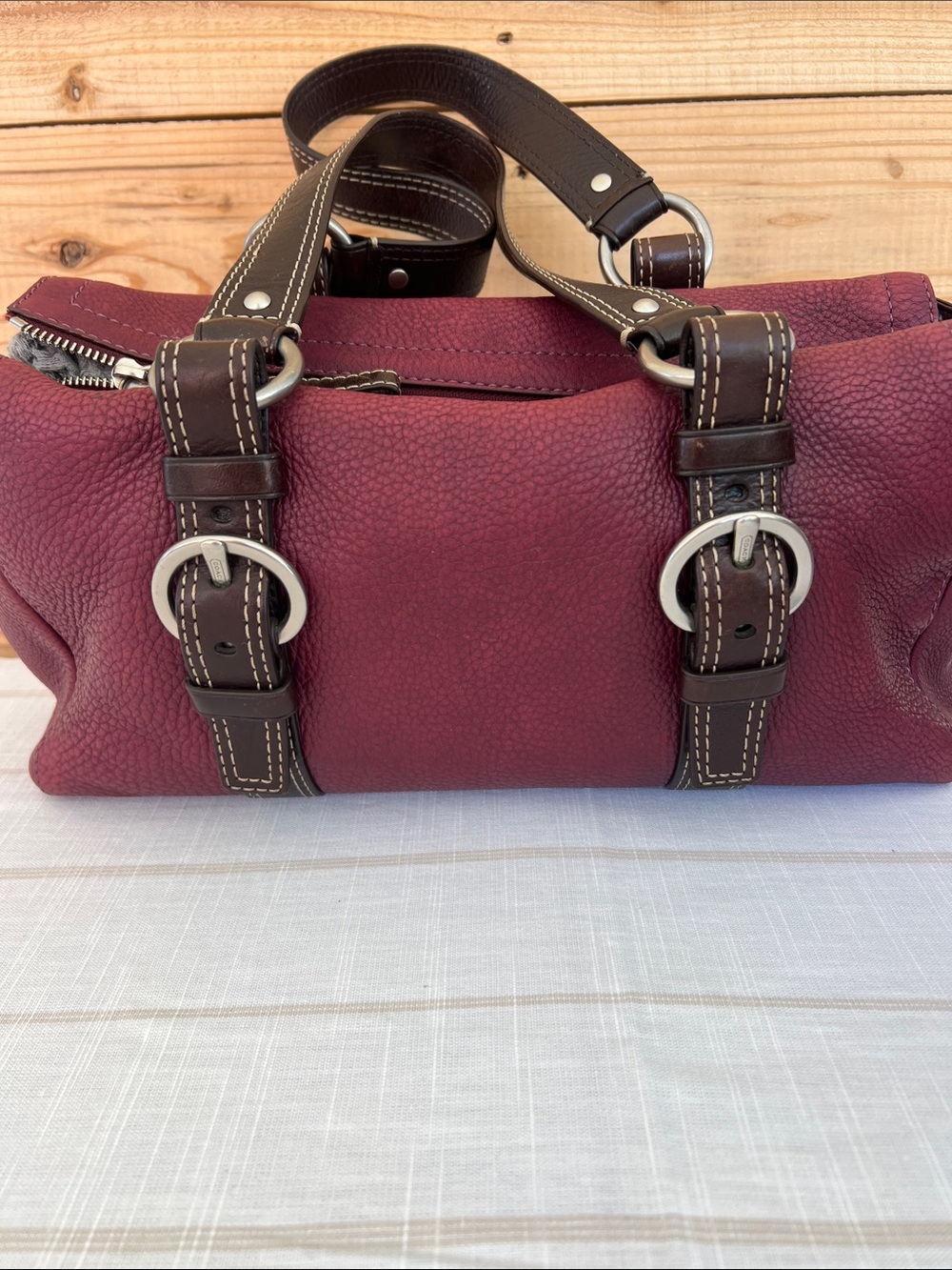 Coach Wine Red Leather Shoulder Bag with Dark Brown Straps